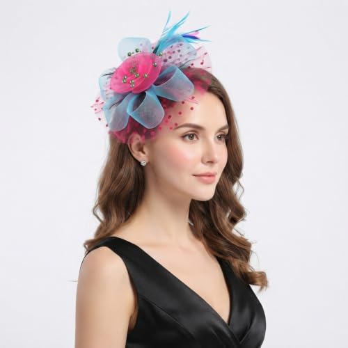 Image of DRESHOW Fascinators Hat Flower Mesh Ribbons Feathers on a Headband and a Clip Tea Party Headwear for Girls and Women
