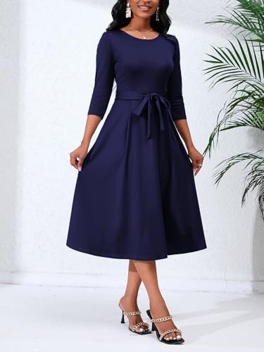 Image of PerZeal Women's Caual Midi Dress 3 /4 Sleeve Crewneck A-line Swing Dress for Women with Belt for Wedding Guest & Cocktail Party Navy Medium