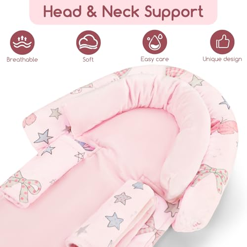 Image of GFU Baby Car Seat Head Support for Newborn, 2 in 1 Infant Car Seat Head Body Support with Strap Pads, Soft Stroller Cushion Pillow Insert for Girls, Fits for Stroller, Swing, Pink Stars