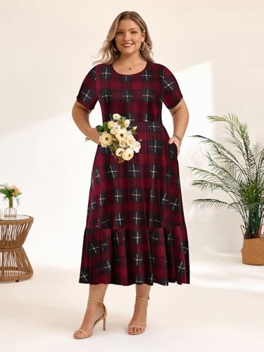 Image of LARACE Plus Size Dresses for Women Summer Casual Short Sleeve Long Dress Flowy Maxi Beach Dresses with Pockets L-6XL