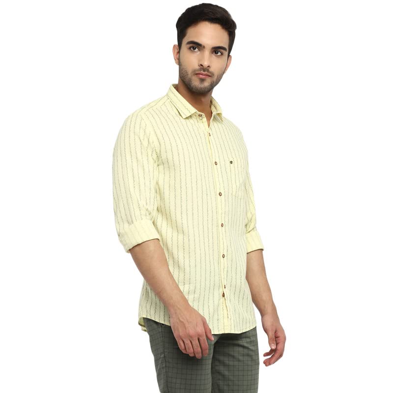 Image of Turtle Men Beige Striped Linen Slim Fit Shirts