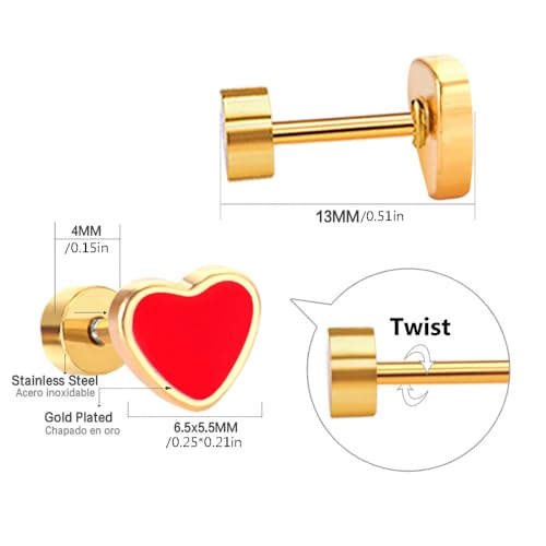 Newzenro 18G Colorful Heart Love Screw Flat Back Small Stud Earrings For Women Teen Girls Surgical Steel Pink Blue Red Purple Enamel Hearted Cartilage Tragus Piercing Little Studs Hypoallergenic Gift 6 Pairs Set thumb #1
