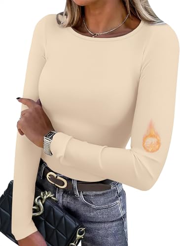 WIHOLL Long Sleeve T Shirt Women Fall Fashion 2025 Tops Casual Crewneck Sweatshirts Fitted Winter Fleece Tunic Tops Beige S