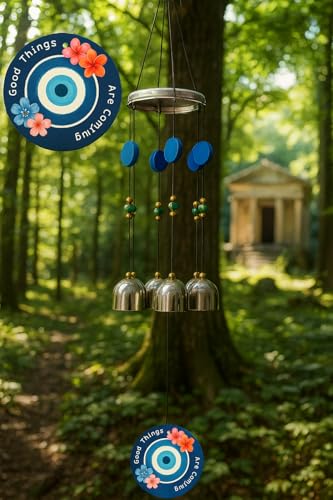 Image of Paradigm Pictures inchGood Things are Coming Evil Eye Wind Chime | Positive Energy Home Decor Hanging | 7 Metal Bells for Balcony, Garden & Diwali Gift inch