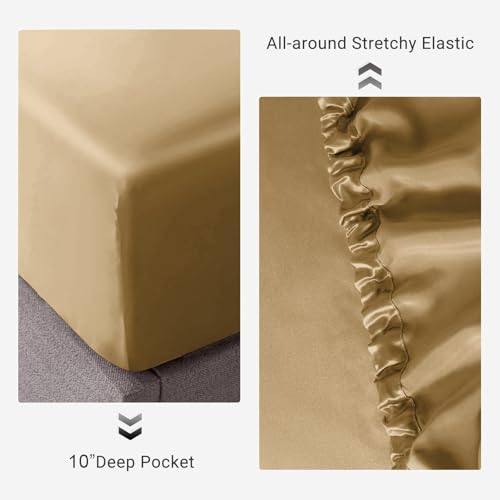 Image of Soft and Silk Satin Fitted Bedsheet for Queen Size 60X78 +12 in - Elastic Fitted Sheet 400 TC Hotel Collection for Bedroom | Fitted Sheet with Pillow Cover - Beige,