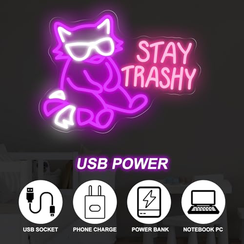 Image of Stay Trashy Neon Sign Raccoon LED Light Stay Trashy Decor Wall Raccoon Decoration Funny Funny Home Decor Room Decoration, 17.1 inchx13 inch