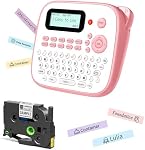 Pink Label Maker Machine with-Tape, Portable Kids Label Maker, Handheld Electric Label Maker with Keyboard, D210S Easy Labeler with Multiple Fonts Frame Barcode for Home Office School Supplies
