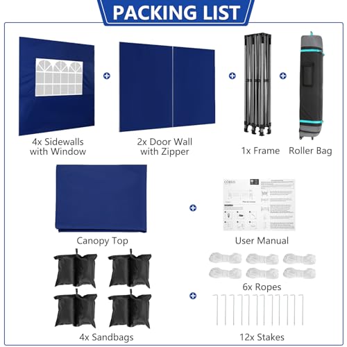 Image of COBIZI 10x20 Heavy Duty Pop Up Canopy Tent with 6 Sidewalls Thicken Frame, Commercial Easy Up Outdoor Wedding Party Tents, All Season Waterproof Windproof with Stakes Sandbags Ropes Bag, Dark Blue