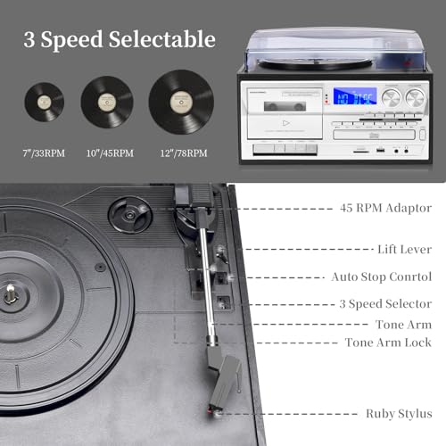 image for MUSITREND 10 in 1 Record Player with External Speakers, 3 SpeedTurntab