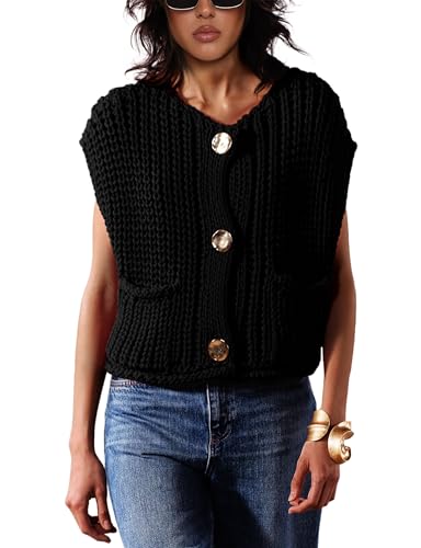 Women's Chunky Cropped Sweater Vest Sleeveless Button Down Trendy Cardigan Knit Crop Tops with Pockets2