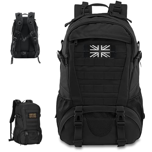VIRAHYEM 30L Military Tactical Backpacks Molle Army Assault Pack 3 Day Bug Out Bag Laptop Bag for Hiking Treeking Black Hunting Rucksack with 2 Flag Patches and Bottle Holder (Black)