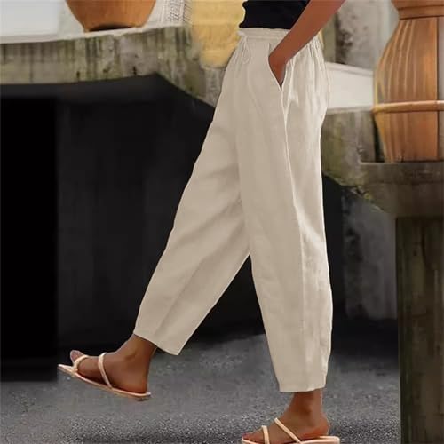 Cropped Pants for Women Cotton Linen Capri Summer Straight Casual Drawstring Elastic Trousers Beach Vacation Clothes2