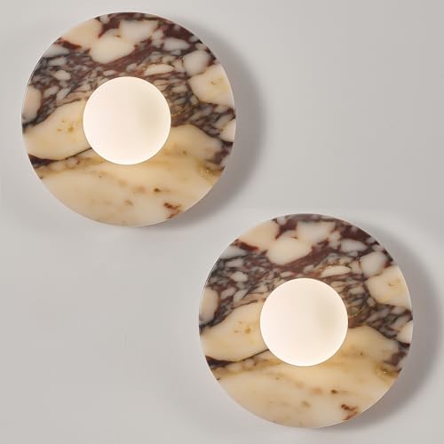 KOPCTOBL Alabaster Wall Sconce Set of Two 7.8 Round Marble Wall Lighting with Globe Glass Shade Unique Patterned Marble Wall Lamp Hardwired Wall Lights for Vanity Hallway Living Room