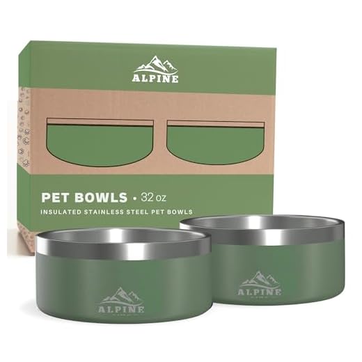 ALPINE Set of 2 Stainless Steel Dog Bowls, Non Slip, Metal Pet Bowl for Food and Water, Double Walled Insulated, Rustproof, Dishwasher Safe (32 oz, Hunter Green)