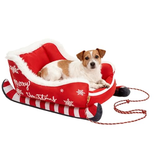 Qfdiwr Lit pour Chien en Forme De Traîneau De Noël Amovible Lavable 50/65cm Petit Lit Traîneaus en Peluche pour Chiens Panier Chaud pour Chien De Noël en...