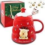 QIANAI Taza Navideña, Tazade Cerámica Navideña Papá Noel, TazaNavidad Tapa y Varilla Agitadora, TazaDesayuno, TazaOffice, Tazas Originales para Regalar, Regalos Originales para Amigos (Rojo)