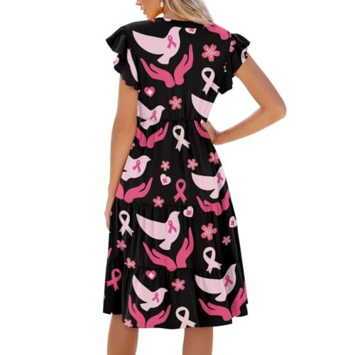 Image of Women's Casual Ruffle Sleeve Dress V Neck Pullover Dress Flowy A-Line Pleated Lightweight Dress with Pockets