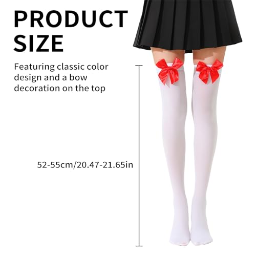 Jiamaohua 1 Pair White Thigh High Socks with Bows White Stockings Knee High Socks with Red Bow Opaque Bow Lace Over The Knee Long Stockings for Women Halloween Fancy Dress Xmas Valentine's Day Favors - Image 5