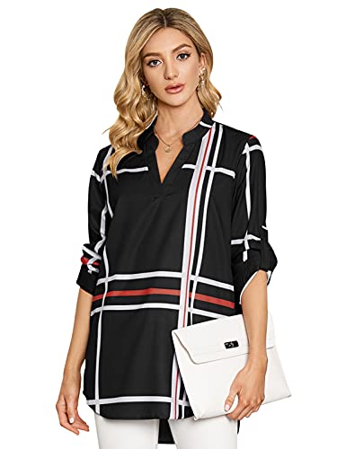 ZANZEA Women Chiffon Blouses Casual V Neck Roll-Up 3 4 Cuffed Sleeve Plaid Shirt Long Tunic Tops Black 14