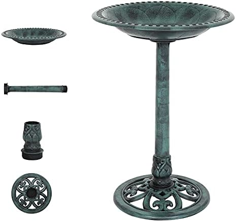 VINGLI Wild Bird Bath Green Patina Weather Resistant Resin Pedestal Birdbaths Antique Sculpture Finish Garden Decor for Outdoor Lightweight Courtyard 28 Inch…