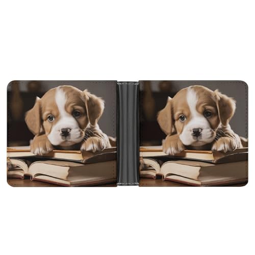 Men's Leather Wallet Bifold Wallet for Men Puppy Dog with Book Slim Wallet with Multiple Card Classic Passcase Mens Card Holder