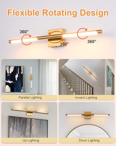 Image of TODOLUZ 30-Inch 5CCT 18W LED Bathroom Light Fixture, 2700K-5500K Brushed Brass Vanity Lighting Adjustable Lamp Tube for Mural