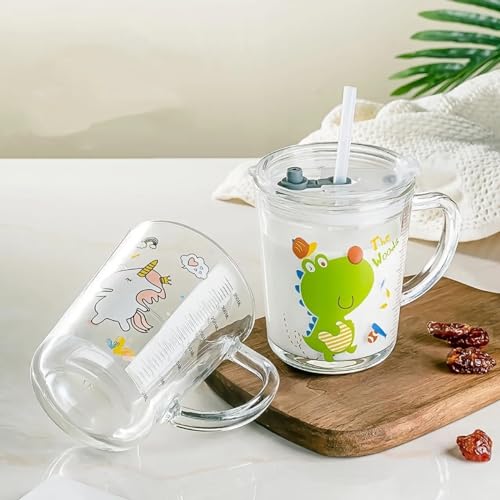 Image of Random Design Design Glass Measuring Drinking Milk Mug with Handle and Clear Lid with Silicone Straw for Girls & Kids Multiple Usage 350 ml (Set of 2)