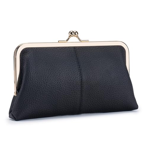 Image of Vintage Kiss Lock Leather Wallet for Women, Clutch, Black | Genuine Leather, Multi-card Slots Card Holder Clutch Purse Travel Wallet