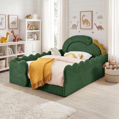 Image of Full Size Kids Bed with Dinosaur Headboard, Upholstered Boucle Fabric Twin Daybed with Slats Support & Side Pocket, Space-Saving Wooden Corner Sofa Couch Day Bed Frame for Girl, Boy, Teenager(Green)