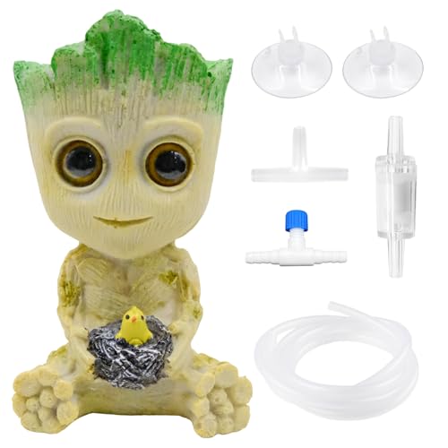 Fahibin Baby Groot Aquarium Dekoration, luftsprudler für Aquarium mit Groot-Harz, Groot Luft Sprudler Stein Dekorationen mit Rückschlagventilen Satz, Schlauch, Saugnapf*2