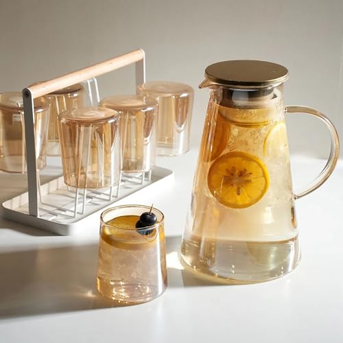 Image of Bellemax Diamond Premium Water and Juice Glasses Set of 6 and Brwon Jug Set Combo,(6 Pieces Glasses 200ML and 1 Water Juice Jug 1 Liter), Transparent, Glass and Jug Set (Octagon Set)