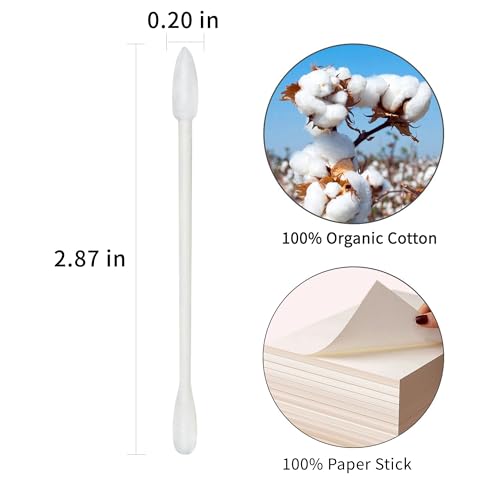 cotton swabs precision pointed - 400 count pointy organic cotton buds double side tightly wrapped cotton tips paper stick soft gentle lint-free cruelty-free pointy amp round white