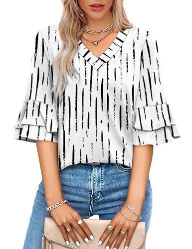 Image of OFEEFAN Spring Tops for Women Boho Shirts Fashion Clothing Cute 3 /4 Length Sleeve Blouses Dressy Casual Summer Outfits