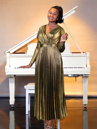 AOMEI Women's Luxury Metallic V Neck Low Back Long Sleeve Elegant Pleated Maxi Dress2