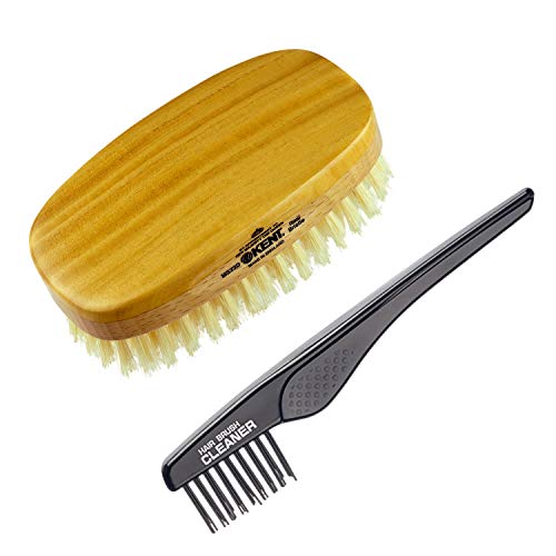Kent Finest Men's MS23D Military Style Satinwood/Beechwood Dual Timber Hair Brush + Kent LPC2 Hair Brush Cleaner - Best Hair Care Kit for Men, 360 Wave Brush, Encourages Hair Growth (MS23D+LPC2)