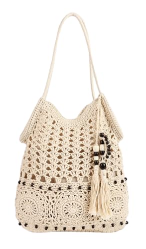 Crochet Hobo Bag for Women Boho Woven Beach Tote Handbags Bohemian Shoulder Purse with Tassels Summer Vacation 2025