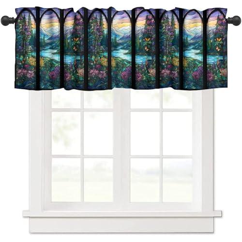 KANEPE Stained Glass Kitchen Valances Curtain Colorful Mountain Scenery Window Treatment Valances Short Curtains Rod Pocket Drape for Dining Room Home Bedroom Decor, 54x18In
