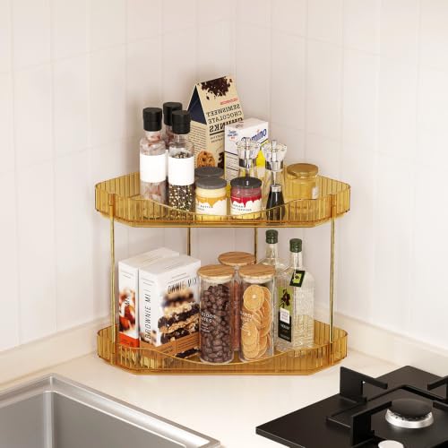 Image of Lifewit 2-Tier Corner Bathroom Counter Organizer, Plastic Makeup Skincare Organizers Storage Countertop, Large Sink Cosmetic Perfume Shelf for Bedroom, Dresser, Kitchen, Vanity, Gold, 25 cm /10inch(H)