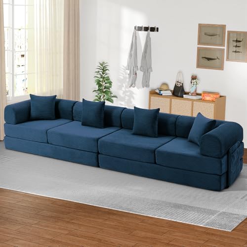 Image of 142 inch 7-in-1 Convertible Modular Sectional Sofa Bed, Blue | Corduroy Fabric, Reinforced Frame, Deep Seat, Storage Bag, Tool-free Assembly for Living Room