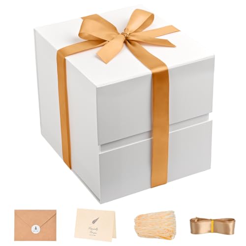 Image of LIFELUM Square Gift Box with Magnetic Lid, Card, Sticker, Ribbon, Shredded Paper Filler for Business, Wedding, Birthdays (White, square - 8.6 inch, 1 count (Pack of 1))