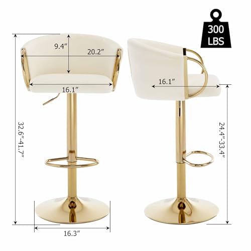 Butacos de Bar en Terciopelo, Set de 4, Ajustables con Giro de 360°, Altura Regulable, con Espaldar y Reposabrazos, Dorados, para Isla de Cocina y Bar en Casa, Color Crema Dorado miniatura 2