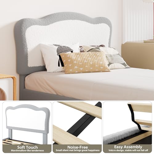 GarveeHome Full Size Bed Frame for Kids, Bed frames with two-tone scalloped headboard, Velvet Twin Bed for Girls, Boys, No Box Spring Needed, Wooden Slats, Noise Free, Sturdy Platform Bed (Grey White)