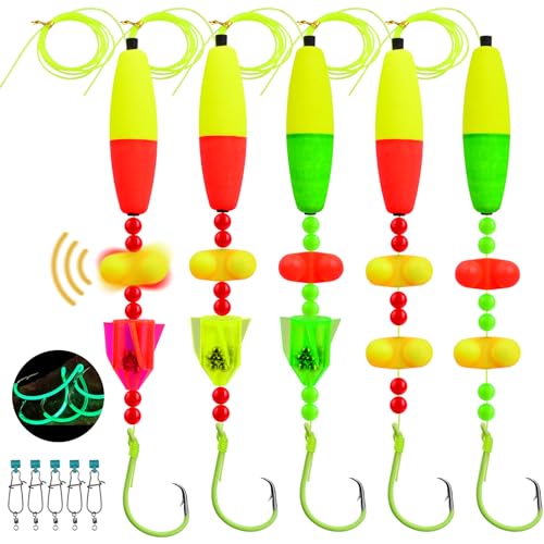 PROBEROS Catfish Rigs Fishing Rig - Bank Fishing Catfishing Tackle Floats Rattler Beads Rig Kit with Snaps 6/0 Circle Hooks Catfishing Rigs 5pcs/Set