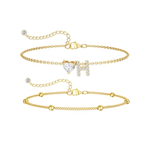 Image of Gold Initial Ankle Bracelets for Women, 14K Gold Plated Dainty Love Heart CZ Trendy Layered Letter A-Z Waterproof Anklets Fashion Jewelry Gift for Women