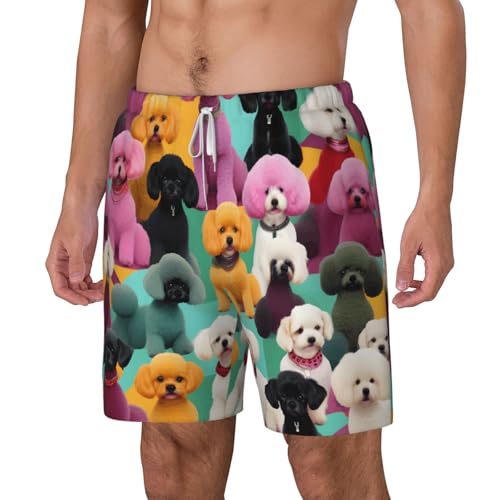 Poodles Dogs Print Mens Swim Shorts Trunks Inseam Compression Liner Quick Dry Zipper Pocket White2