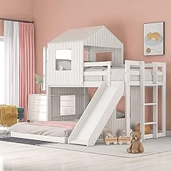 Harper & Bright Designs House Bed Bunk Beds with Slide, Wood Bunk Beds with Roof and Guard Rail for Kids, Toddlers, No… Harper & Bright Designs House Bed Bunk Beds with Slide, Wood Bunk Beds with Roof and Guard Rail for Kids, Toddlers, No…