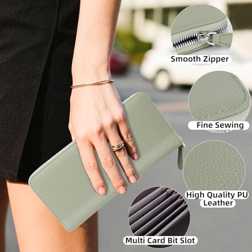 WishLotus Long Wallet for Woman, PU Leather Clutch Wallet with Zipper Credit Card Holder for Women (Green)4