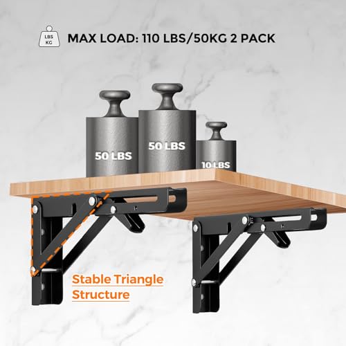 Image of Ravinte 4 Pack 8 Inch Folding Shelf Brackets - Matte Black, Heavy Duty Collapsible Brackets for Tables and Benches - Space-Saving Design