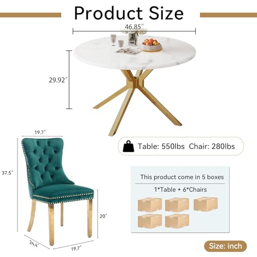 Image of 7-Piece Round Dining Table Set for 6, Luxury Faux Marble Kitchen Table Set for 6 with Green Velvet Chairs, 45 inch Circle Dining Room Tables with White Marble Top and Gold Stainless Steel Cross Legs