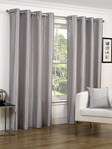Luxury Faux Silk Slubbed Silver Eyelet Fully Lined Readymade Curtain Pair 90x90in(228x228cm)